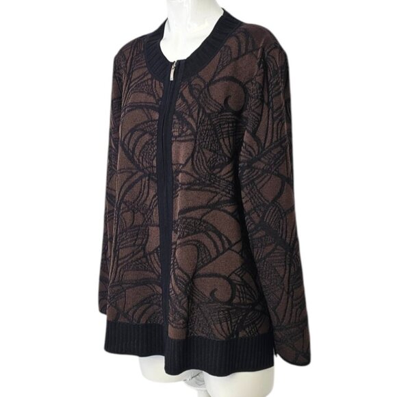 Exclusively Misook Womens Full Zip Long Sleeve Sweater, Pattern, Stretch, Brown - Picture 5 of 7